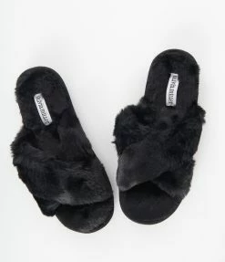 Victoria Fashion Black Cross Strap Fuzzy Slippers