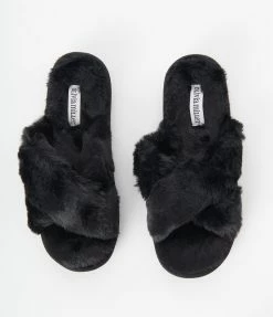 Victoria Fashion Black Cross Strap Fuzzy Slippers