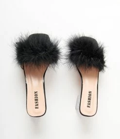 Song And Sol Black Marabou Feather Slipper Heels