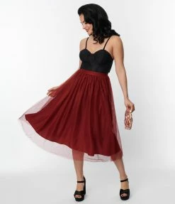Magnolia Place Deep Red Tulle Midi Skirt Clothing