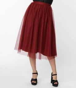 Magnolia Place Deep Red Tulle Midi Skirt Clothing