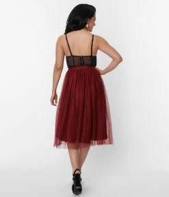Magnolia Place Deep Red Tulle Midi Skirt Clothing