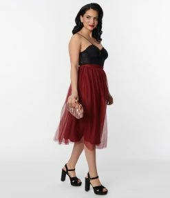 Magnolia Place Deep Red Tulle Midi Skirt Clothing