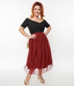Magnolia Place Plus Size Deep Red Tulle Midi Skirt