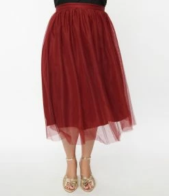 Magnolia Place Plus Size Deep Red Tulle Midi Skirt