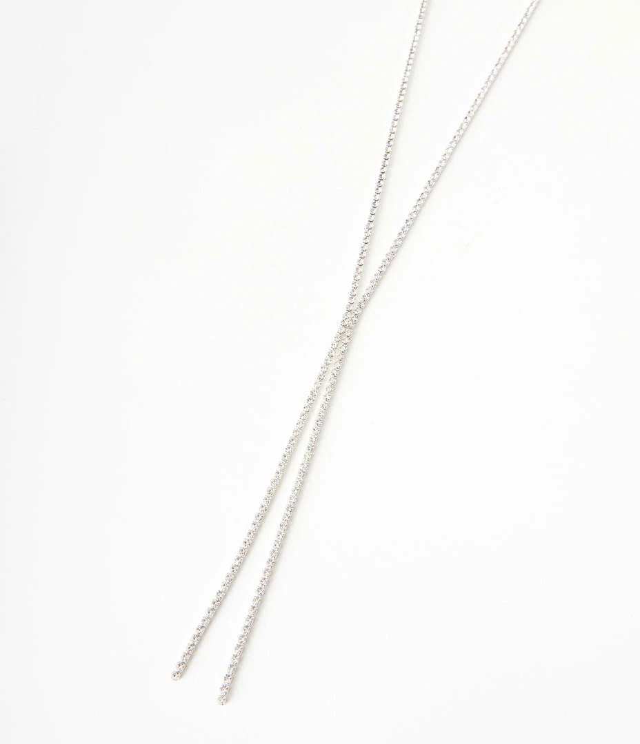 Joia Silver Rhinestone Lariat Necklace Flapper Accessories