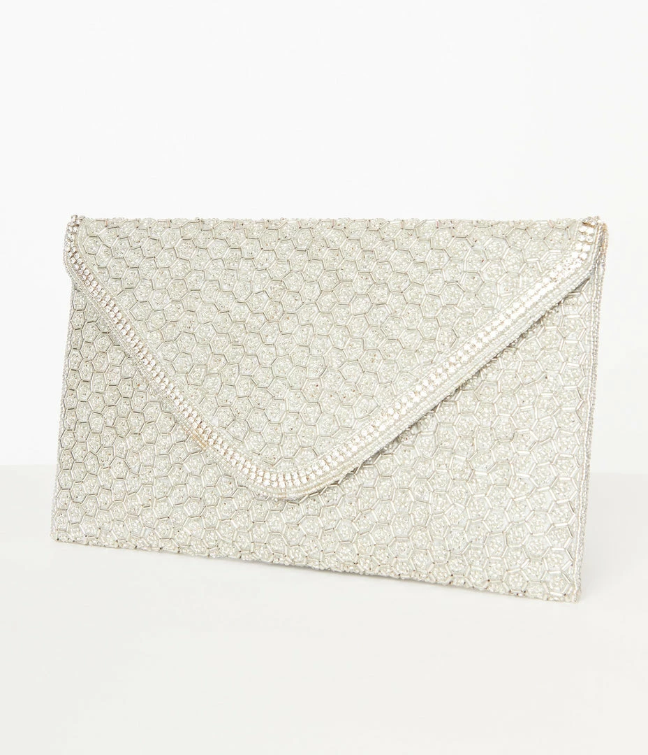 Ricki Designs Silver Beaded Evening Envelope Clutch