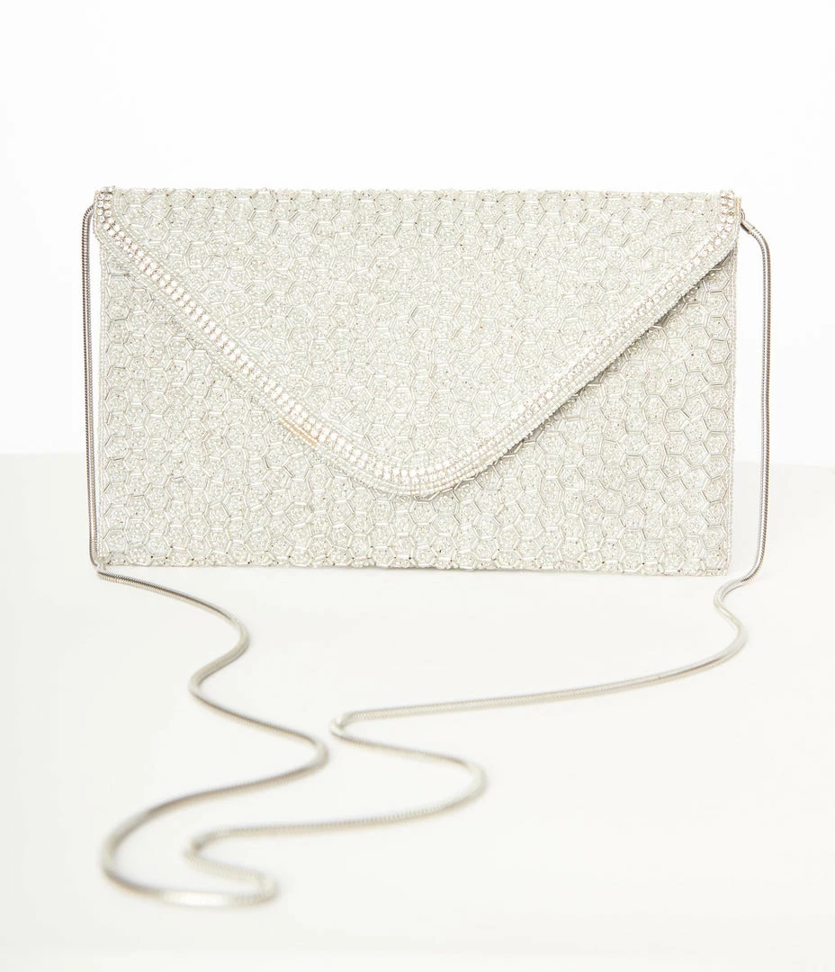 Ricki Designs Silver Beaded Evening Envelope Clutch