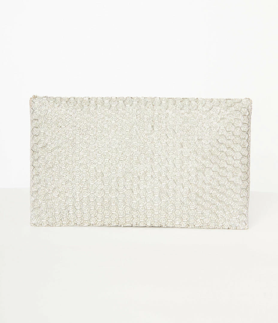 Ricki Designs Silver Beaded Evening Envelope Clutch