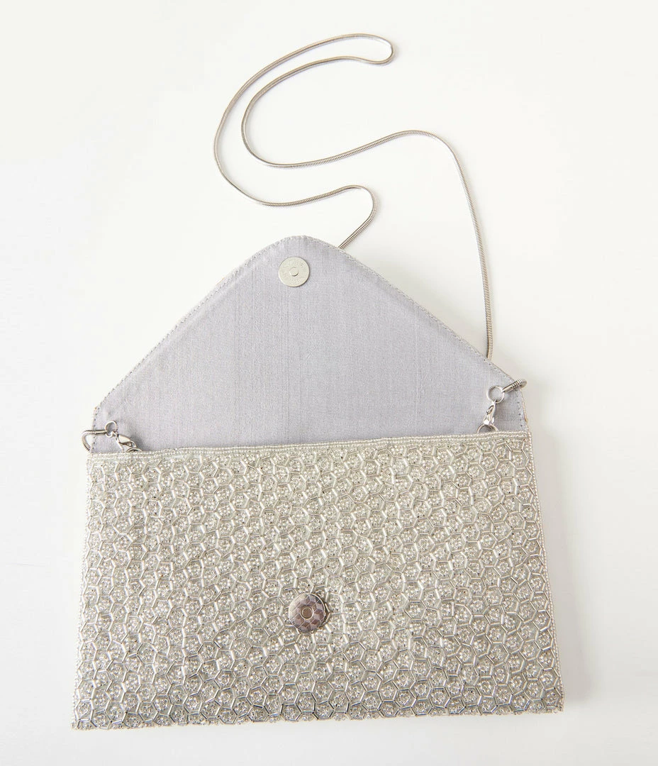 Ricki Designs Silver Beaded Evening Envelope Clutch