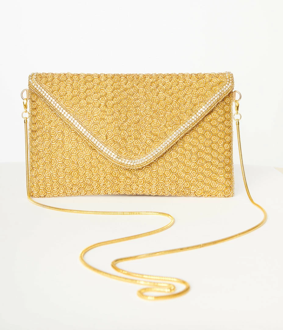 Ricki Designs Flapper Accessories Gold Beaded Evening Envelope Clutch