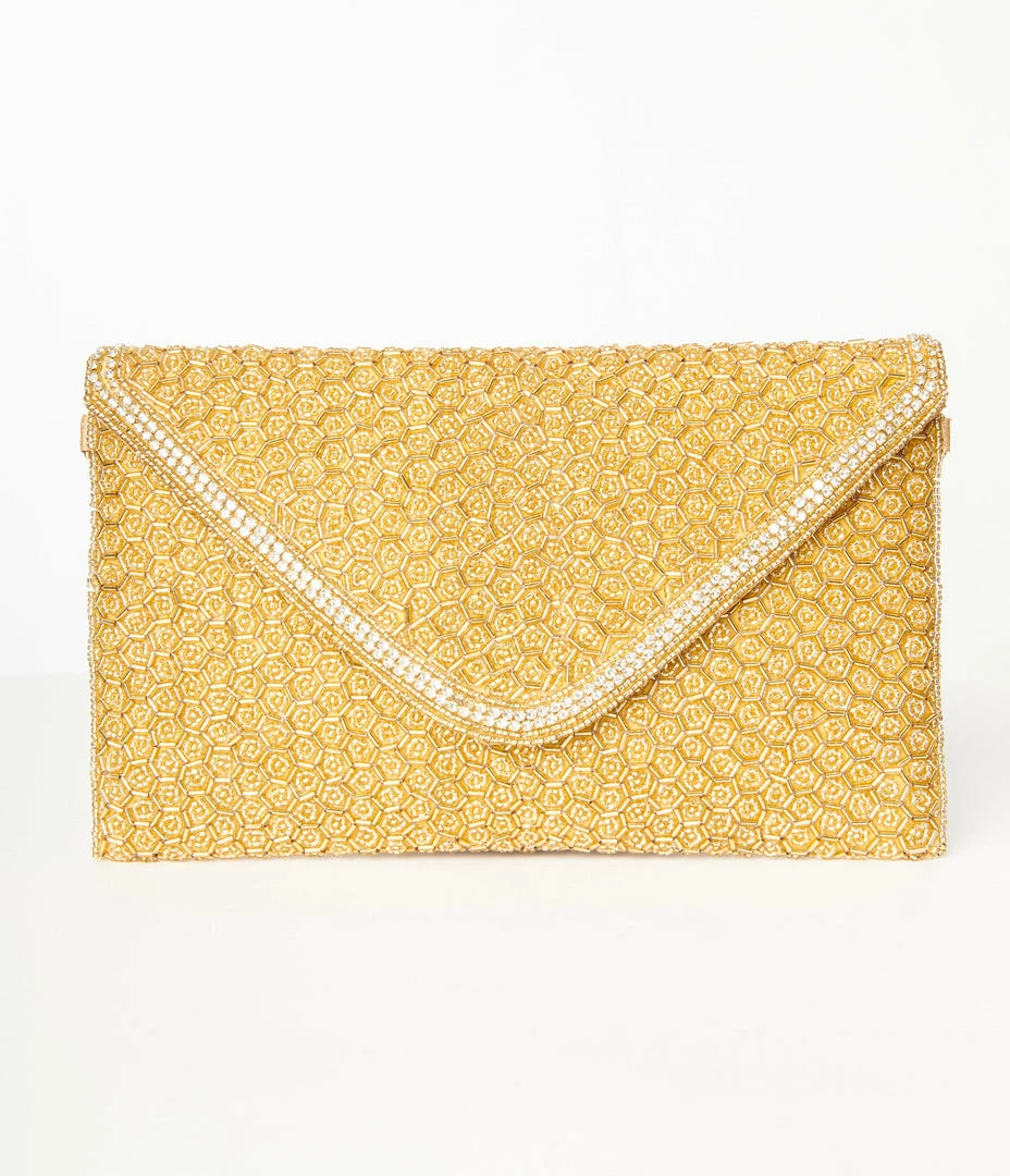 Ricki Designs Flapper Accessories Gold Beaded Evening Envelope Clutch