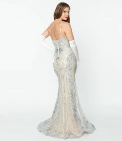 May Queen Inc. Clothing 1930s Style Nude & Silver Deco Bridal Gown