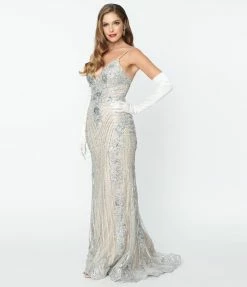 May Queen Inc. Clothing 1930s Style Nude & Silver Deco Bridal Gown