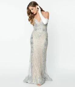 May Queen Inc. Clothing 1930s Style Nude & Silver Deco Bridal Gown