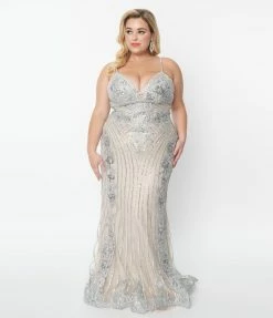 May Queen Inc. Clothing Plus Size 1930s Style Nude & Silver Deco Bridal Gown