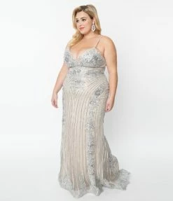 May Queen Inc. Clothing Plus Size 1930s Style Nude & Silver Deco Bridal Gown