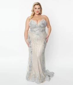 May Queen Inc. Clothing Plus Size 1930s Style Nude & Silver Deco Bridal Gown