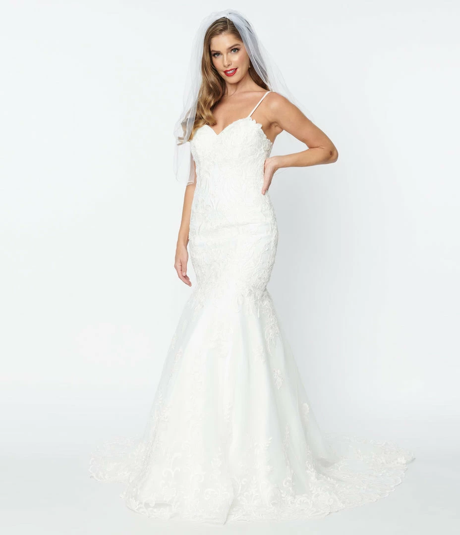 May Queen Inc. Vintage Style Ivory Floral Embroidered Mermaid Bridal Dress Clothing