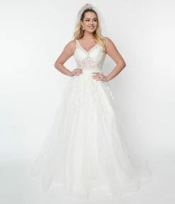 May Queen Inc. Ivory Floral Lace & Tulle Wedding Ball Gown