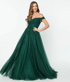 May Queen Inc. 1950s Style Emerald Floral Off The Shoulder Ball Gown Bridesmaid Dresses