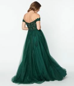 May Queen Inc. 1950s Style Emerald Floral Off The Shoulder Ball Gown Bridesmaid Dresses