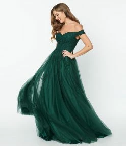 May Queen Inc. 1950s Style Emerald Floral Off The Shoulder Ball Gown Bridesmaid Dresses