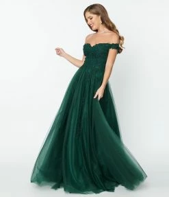 May Queen Inc. 1950s Style Emerald Floral Off The Shoulder Ball Gown Bridesmaid Dresses