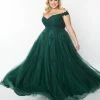 May Queen Inc. 1950s Style Plus Size Emerald Floral Off The Shoulder Ball Gown