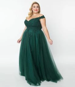 May Queen Inc. 1950s Style Plus Size Emerald Floral Off The Shoulder Ball Gown