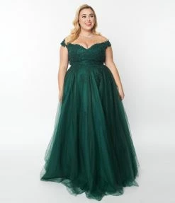 May Queen Inc. 1950s Style Plus Size Emerald Floral Off The Shoulder Ball Gown