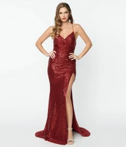 May Queen Inc. 1930s Style Burgundy Sequin Bombshell Gown Bridesmaid Dresses