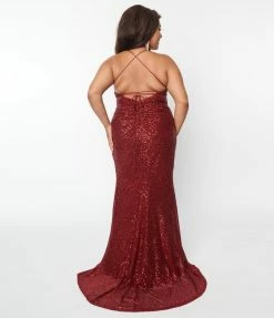 May Queen Inc. Plus Size 1930s Style Burgundy Sequin Bombshell Gown