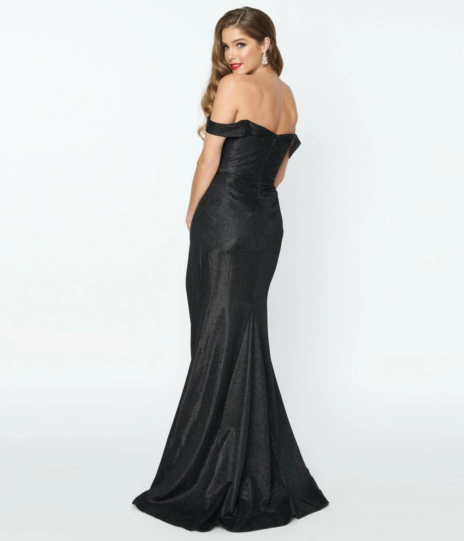 May Queen Inc. Elegant Black Shimmer Off The Shoulder Dress Bridesmaid Dresses