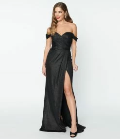 May Queen Inc. Elegant Black Shimmer Off The Shoulder Dress Bridesmaid Dresses