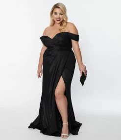 May Queen Inc. Plus Size Elegant Black Shimmer Off The Shoulder Dress