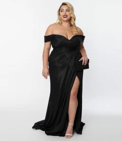 May Queen Inc. Plus Size Elegant Black Shimmer Off The Shoulder Dress