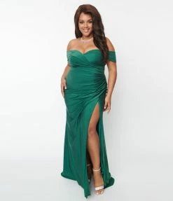 May Queen Inc. Plus Size Emerald Off The Shoulder Full Length Dress