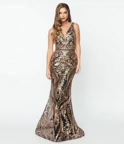 May Queen Inc. 1920s Style Black & Gold Art Deco Glitter Mermaid Gown