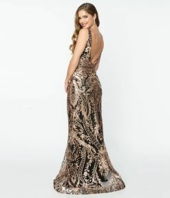 May Queen Inc. 1920s Style Black & Gold Art Deco Glitter Mermaid Gown