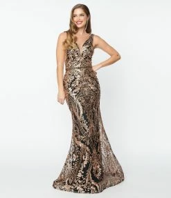 May Queen Inc. 1920s Style Black & Gold Art Deco Glitter Mermaid Gown