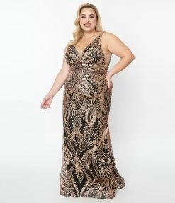 May Queen Inc. 1920s Style Plus Size Black & Gold Art Deco Glitter Mermaid Gown