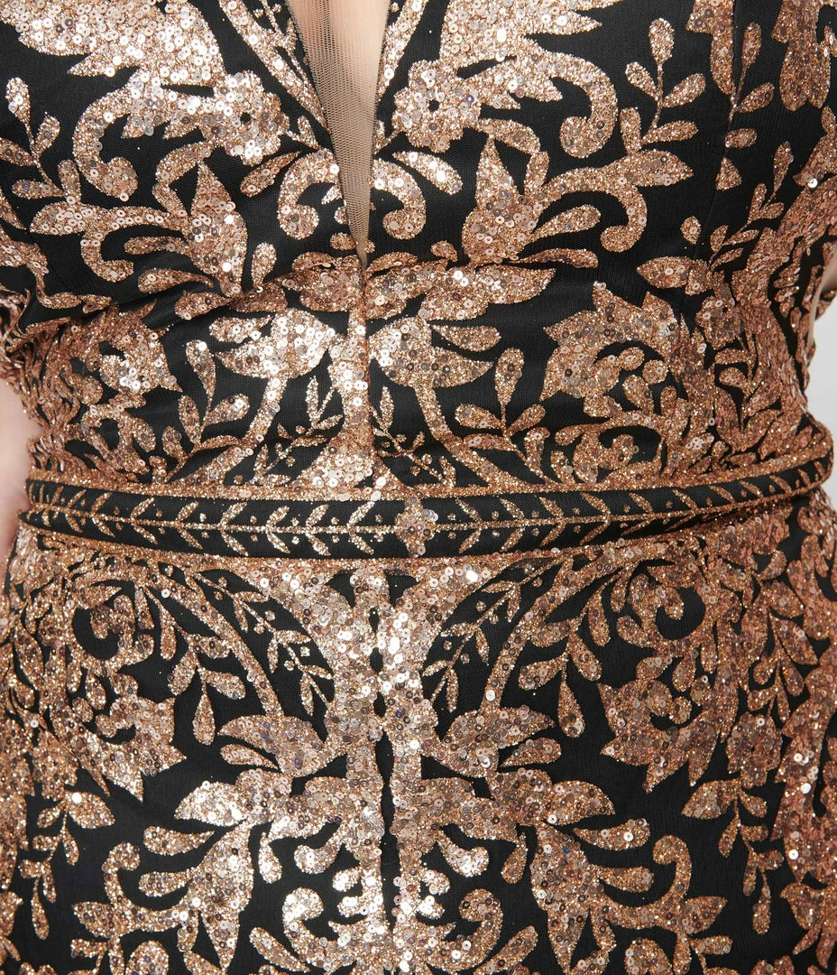 May Queen Inc. 1920s Style Plus Size Black & Gold Art Deco Glitter Mermaid Gown