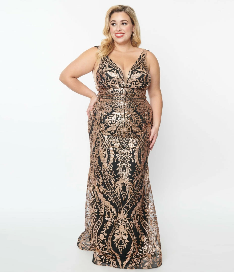 May Queen Inc. 1920s Style Plus Size Black & Gold Art Deco Glitter Mermaid Gown