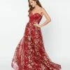 May Queen Inc. Burgundy & Gold Floral Glitter Strapless Corseted Gown