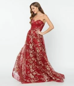 May Queen Inc. Burgundy & Gold Floral Glitter Strapless Corseted Gown