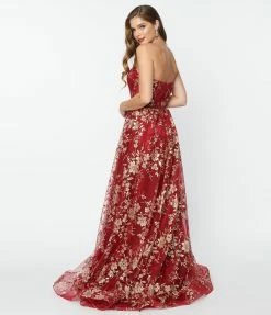 May Queen Inc. Burgundy & Gold Floral Glitter Strapless Corseted Gown