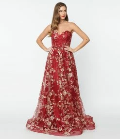 May Queen Inc. Burgundy & Gold Floral Glitter Strapless Corseted Gown