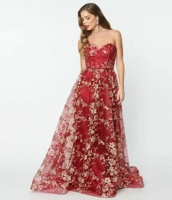 May Queen Inc. Burgundy & Gold Floral Glitter Strapless Corseted Gown