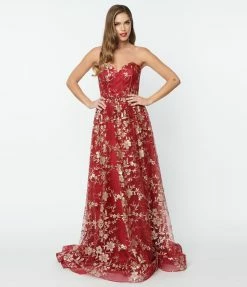 May Queen Inc. Burgundy & Gold Floral Glitter Strapless Corseted Gown
